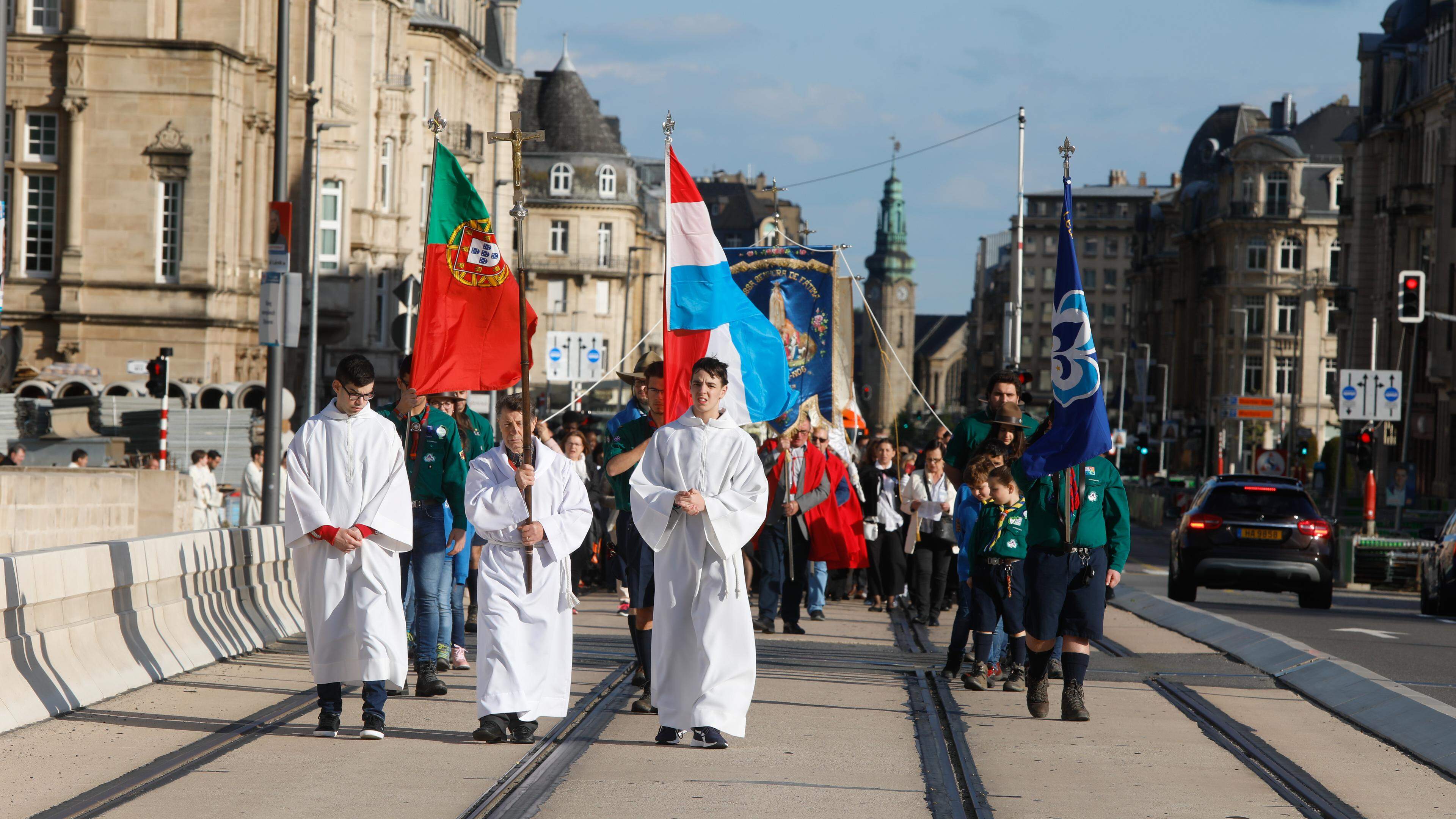 Believers take part in the procession in Luxembourg City, Luxembourg, April 2019.