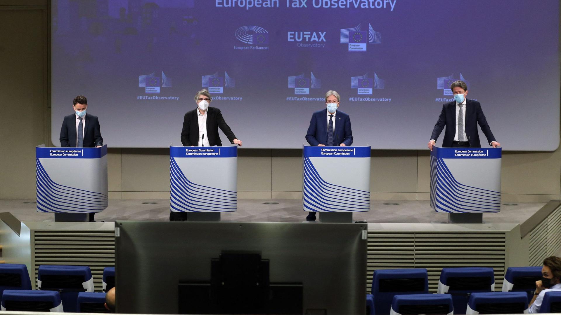 French economist Gabriel Zucman, German member of the European Parliament Sven Giegold, Economy Commissioner Paolo Gentiloni and Dutch European parliamentarian Paul Tang (left to right) launching the European Tax Observatory on Tuesday in Brussels. 