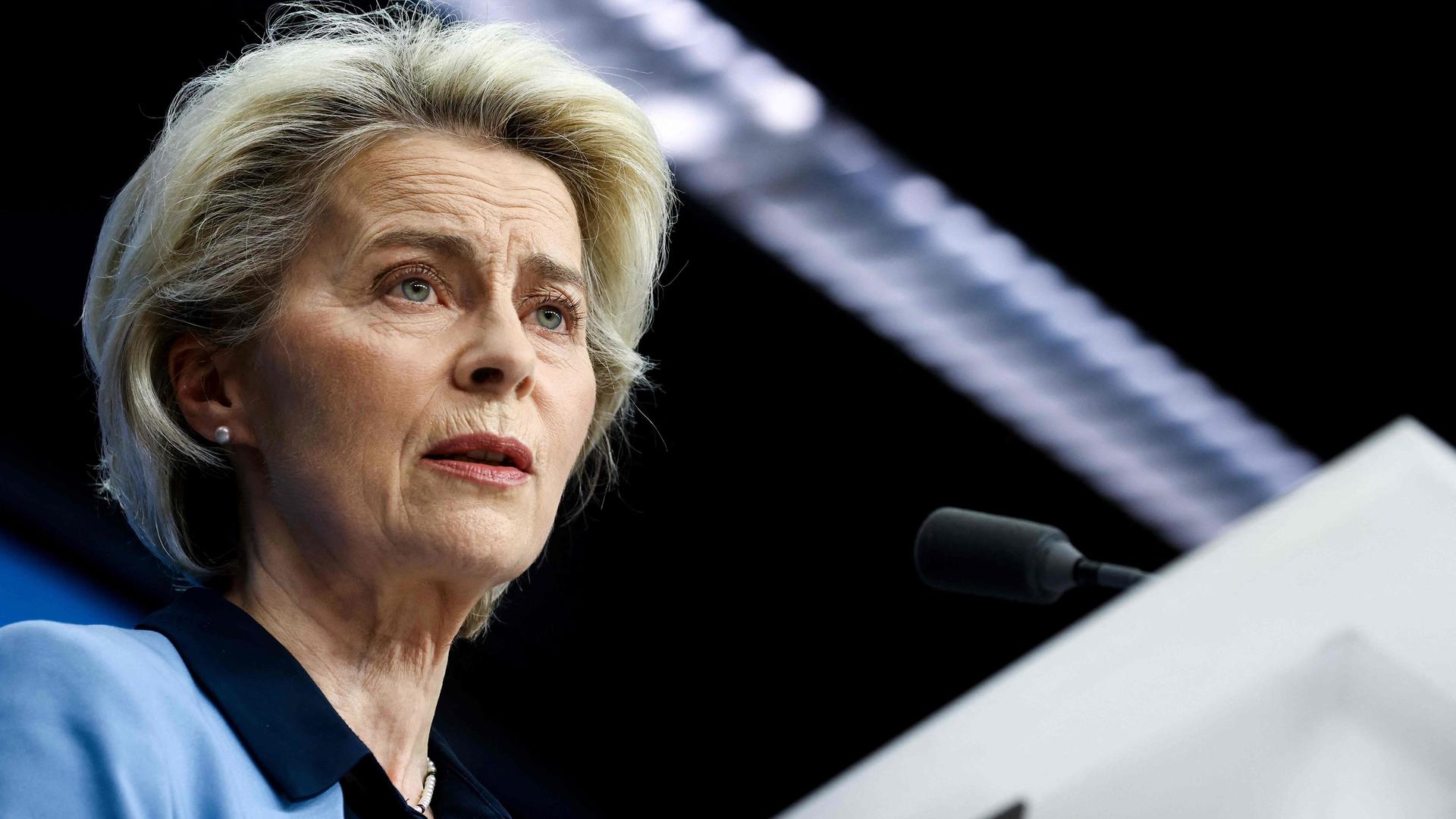 European Commission President Ursula von der Leyen speaking during a press conference in Brussels on Friday