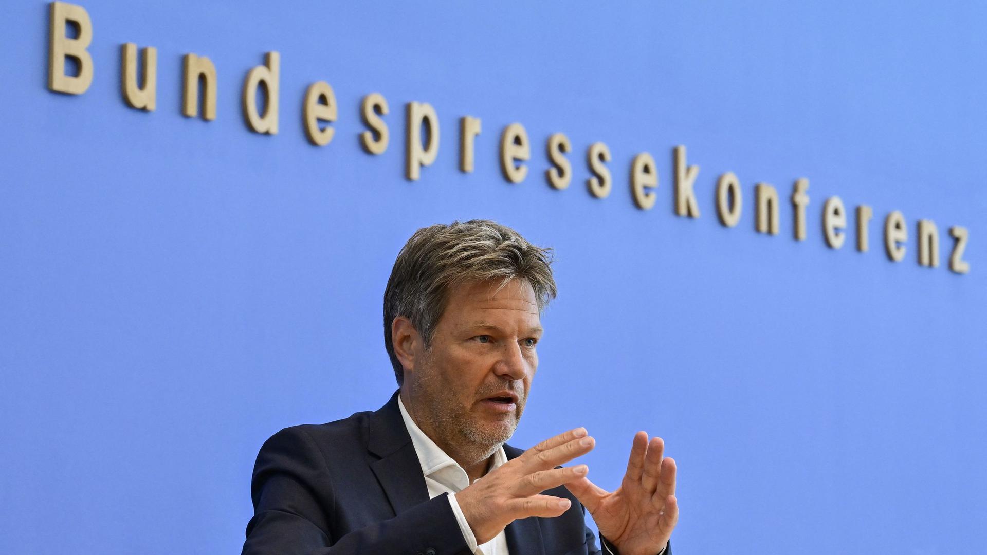 German Minister of Economics and Climate Protection Robert Habeck addresses a press conference on Wednesday