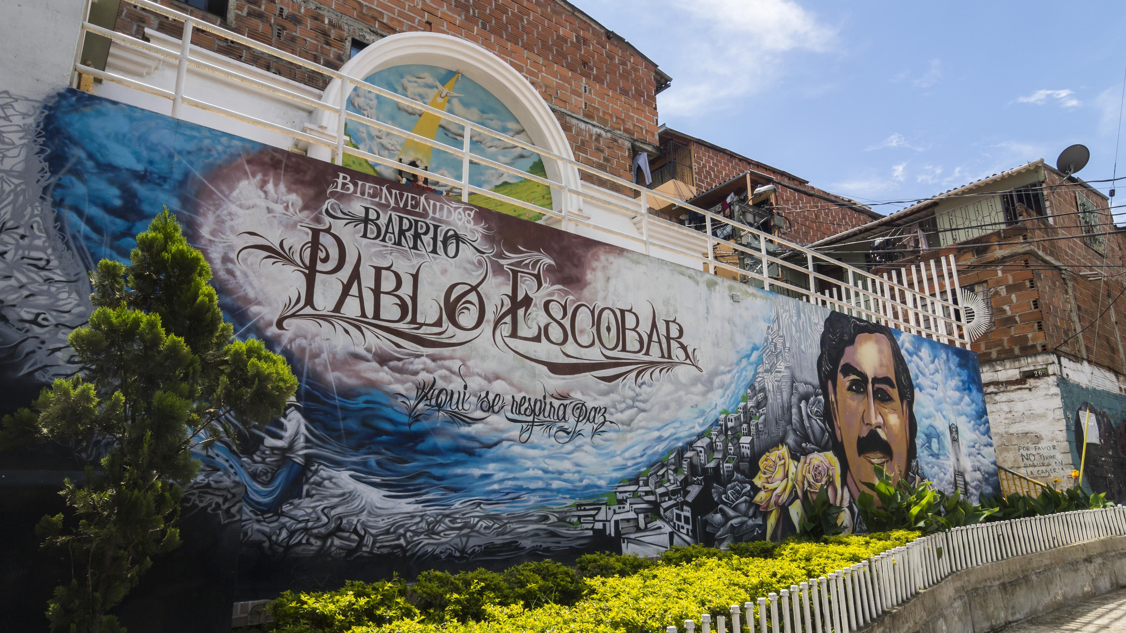 Mural at the entrance to the “Pablo Escobar District” in Colombia, Medellín, 21 November 2018.