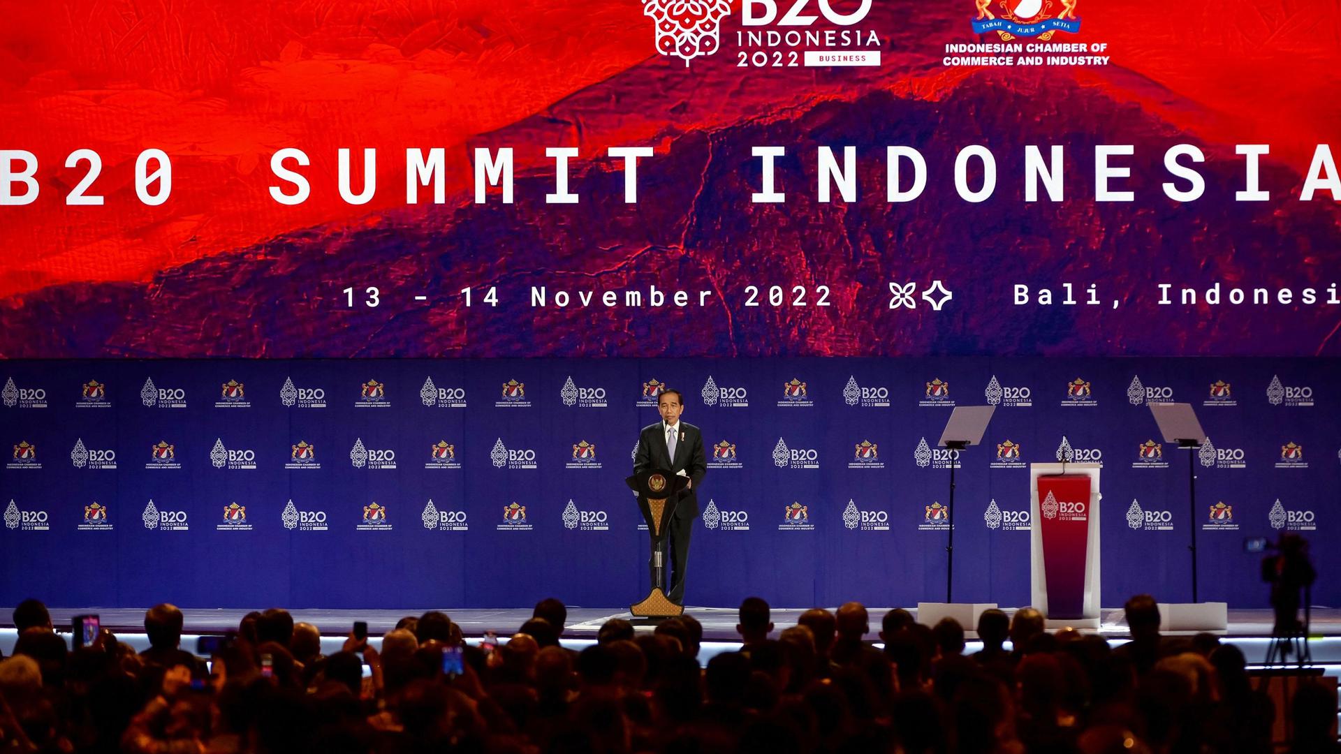 Indonesian President Joko Widodo delivers his closing speech during the B20 Summit, part of the G20 dialogue