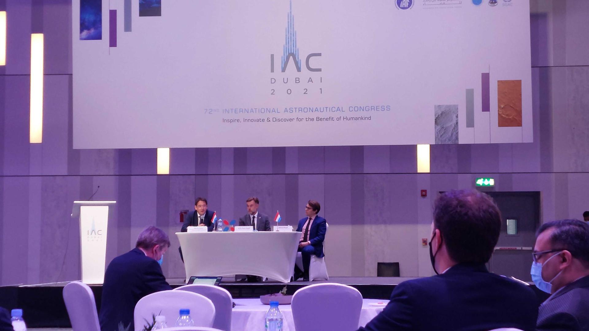 Luxembourg Economy Ministry official Mario Grotz (left), Economy Minister Franz Fayot and Promus Ventures partner Pierre Festal (right) at a press conference at the IAC in Dubai on Monday
