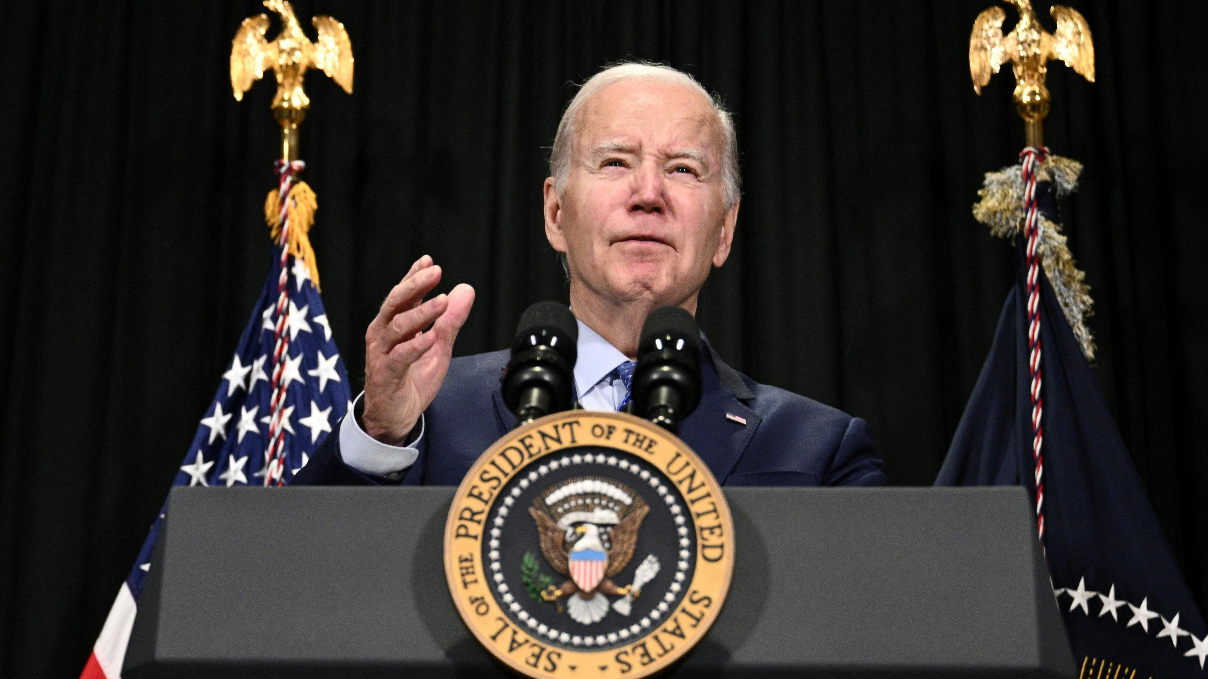 US President Joe Biden delivers remarks on the release of hostages from Gaza, in Nantucket, Massachusetts, on November 26, 2023. The White House expressed cautious confidence on November 26, 2023, that an American citizen is among those set to be freed by Hamas in the latest hostage release in Gaza. The Islamist Palestinian group which launched a deadly attack on Israel on October 7, triggering a brutal war, is holding 10 Americans hostage, including two women and one young girl, National Security Advisor Jake Sullivan said. (Photo by Brendan SMIALOWSKI / AFP)