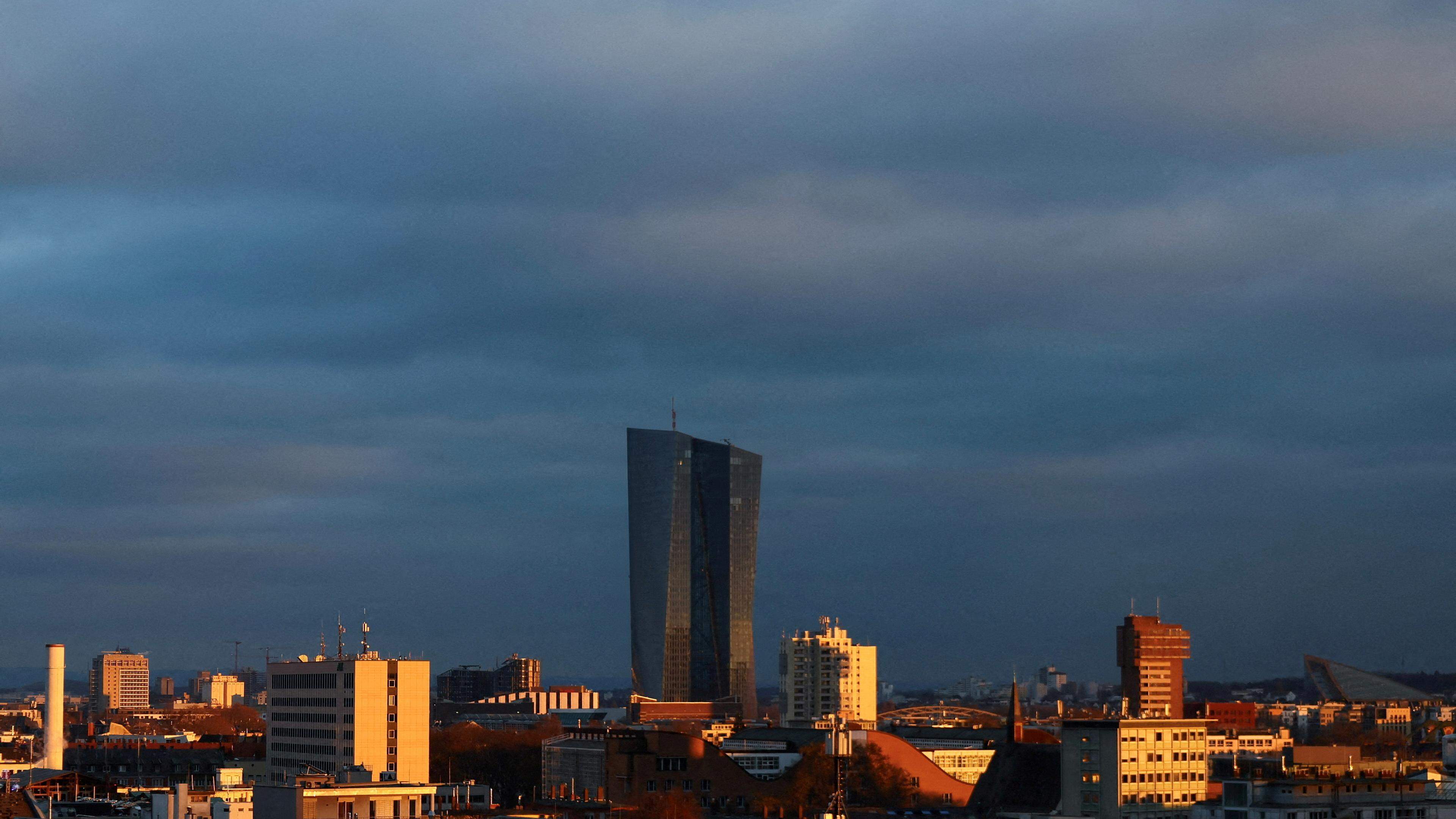 A file photo of the European Central Bank (ECB) building on the horizon during sunset in Frankfurt, Germany, December 2, 2023.