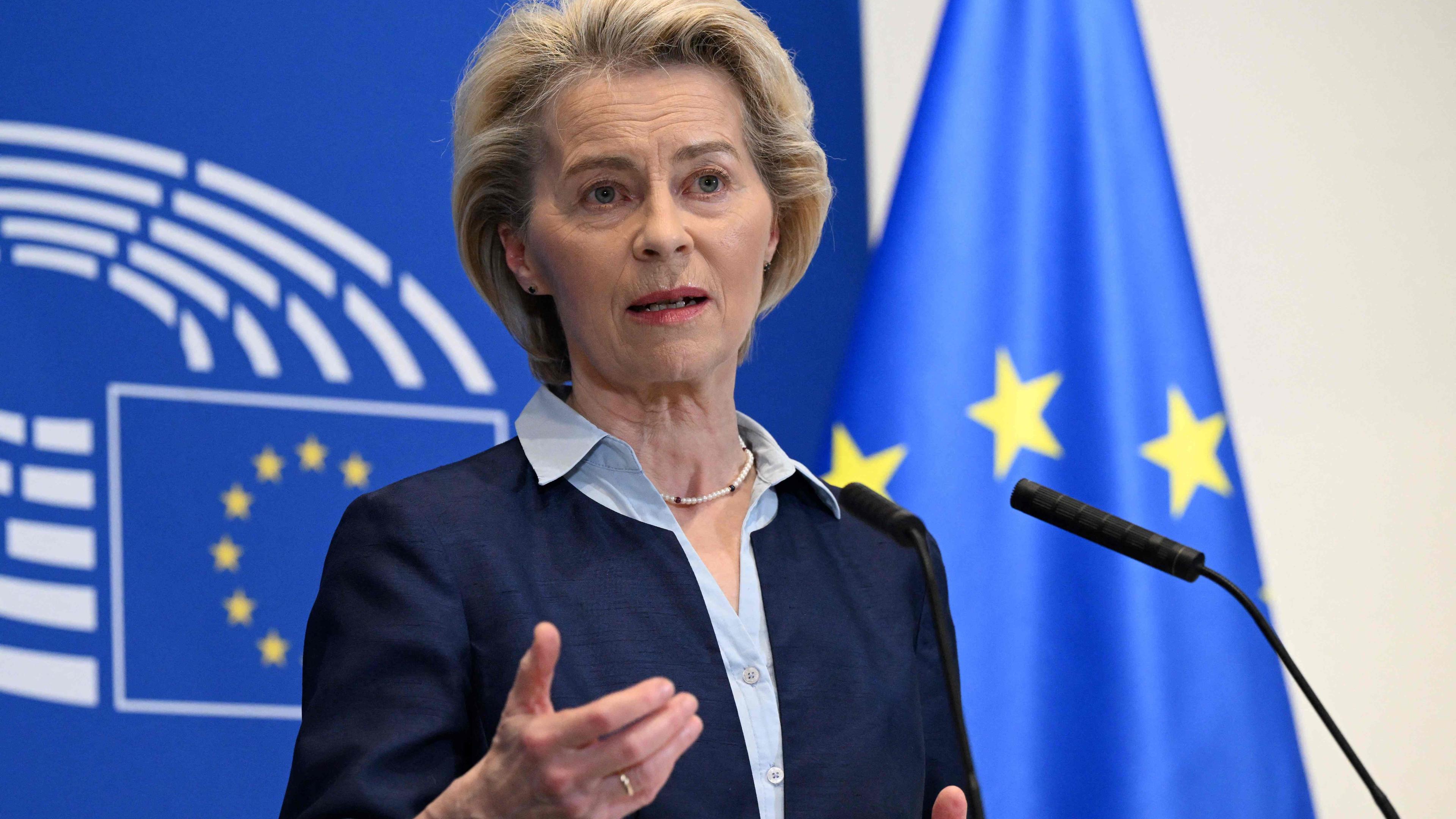 European Commission President Ursula von der Leyen participates in a media conference at the European Parliament in Brussels, on 10 April 10