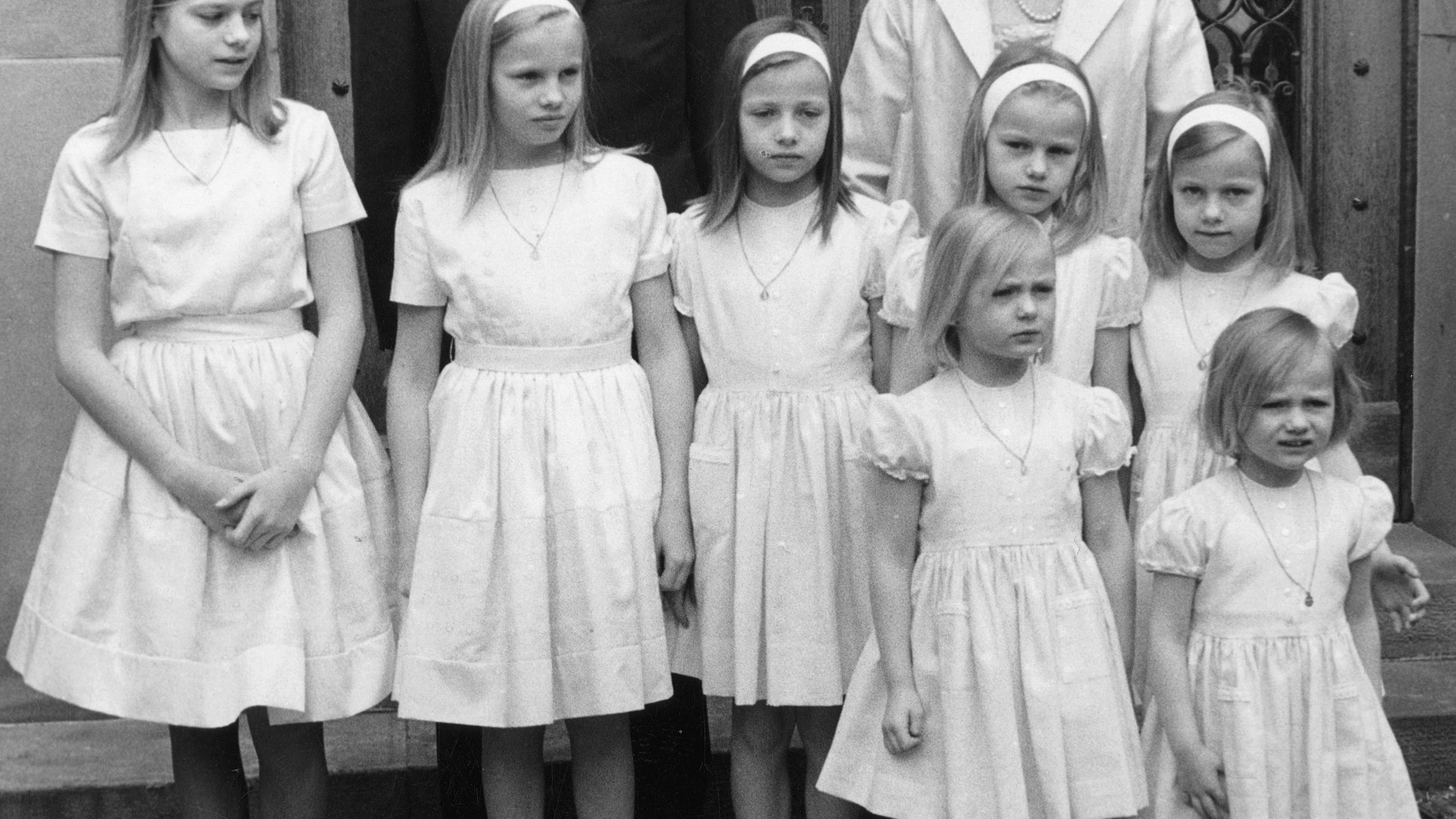 Prince Knud and Princess Marie-Gabrielle with their daughters, Monica, Lydia, Veronica, Sylvia, Camilla, Tatiana and Antonia on April 1966