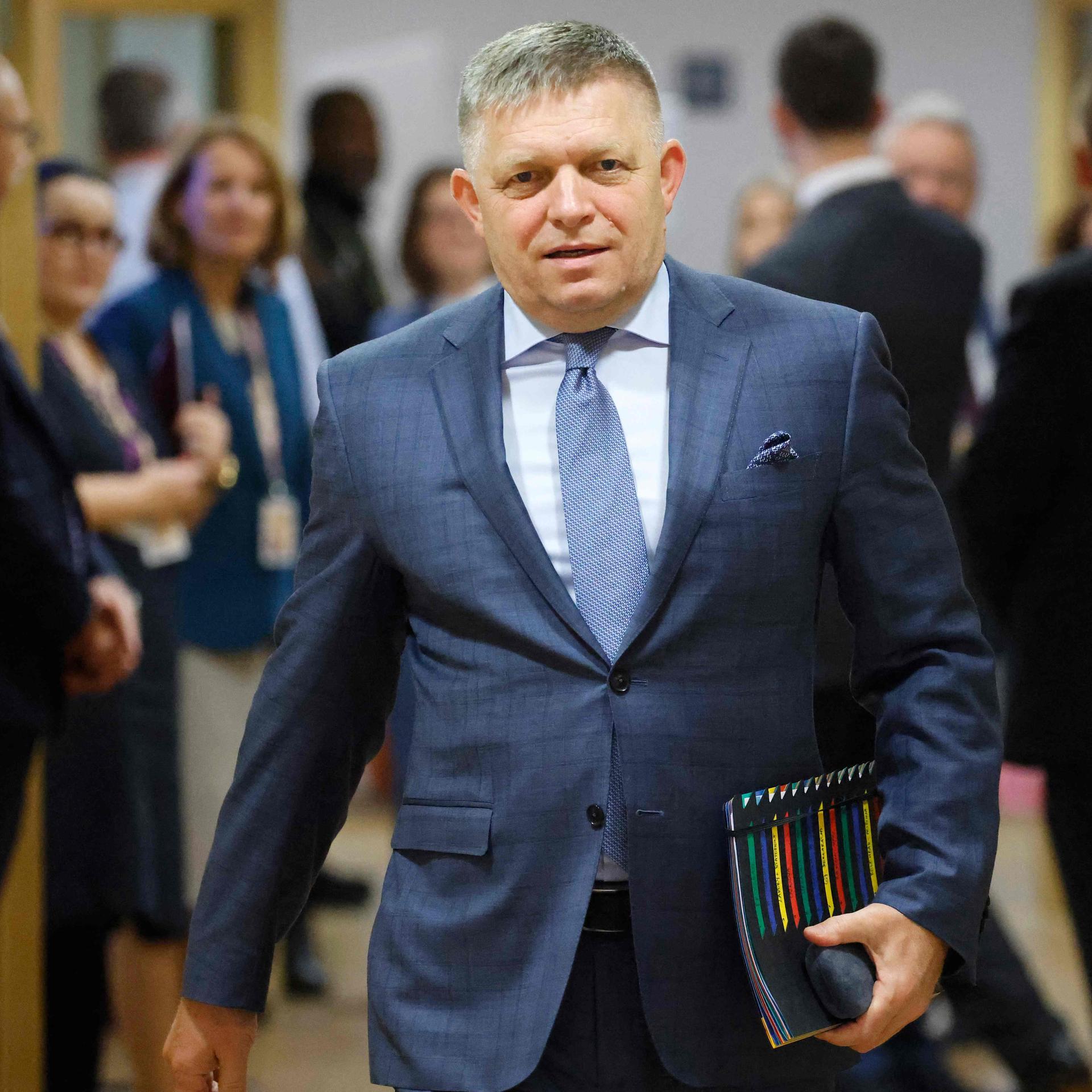 A file photo of Slovakia's Prime Minister Robert Fico arriving prior to the start of a EU leaders Summit at The European Council Building in Brussels on October 26, 2023.