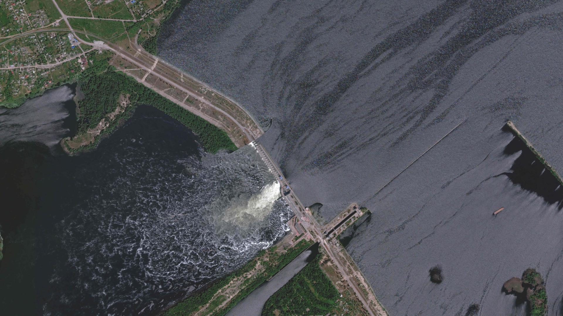 This satellite image courtesy of Maxar technologies shows an overview of Nova Khakovka dam in south Ukraine on Tuesday.