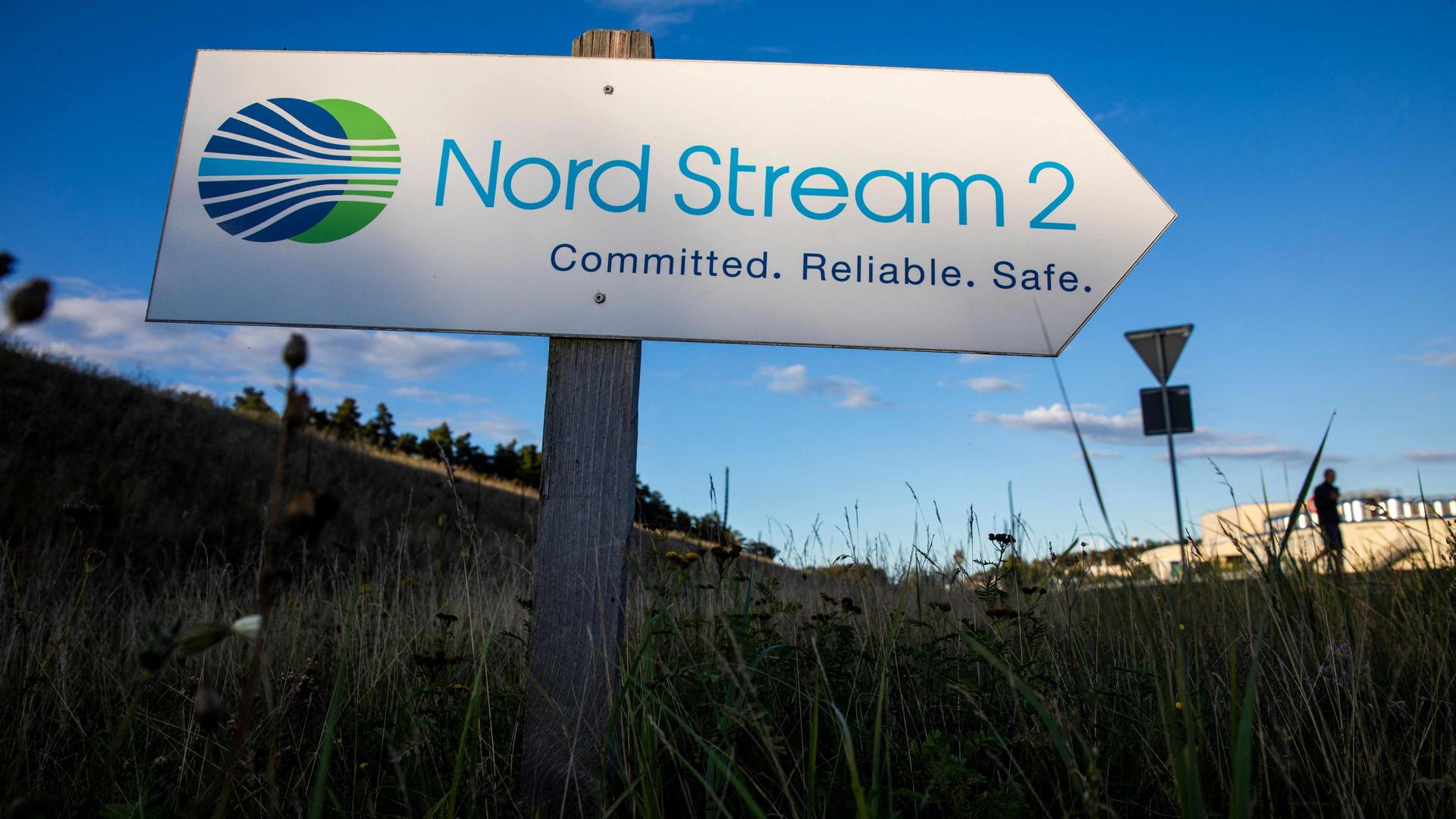 A road sign directing traffic towards the Nord Stream 2 gas line landfall facility entrance in Lubmin, north eastern German