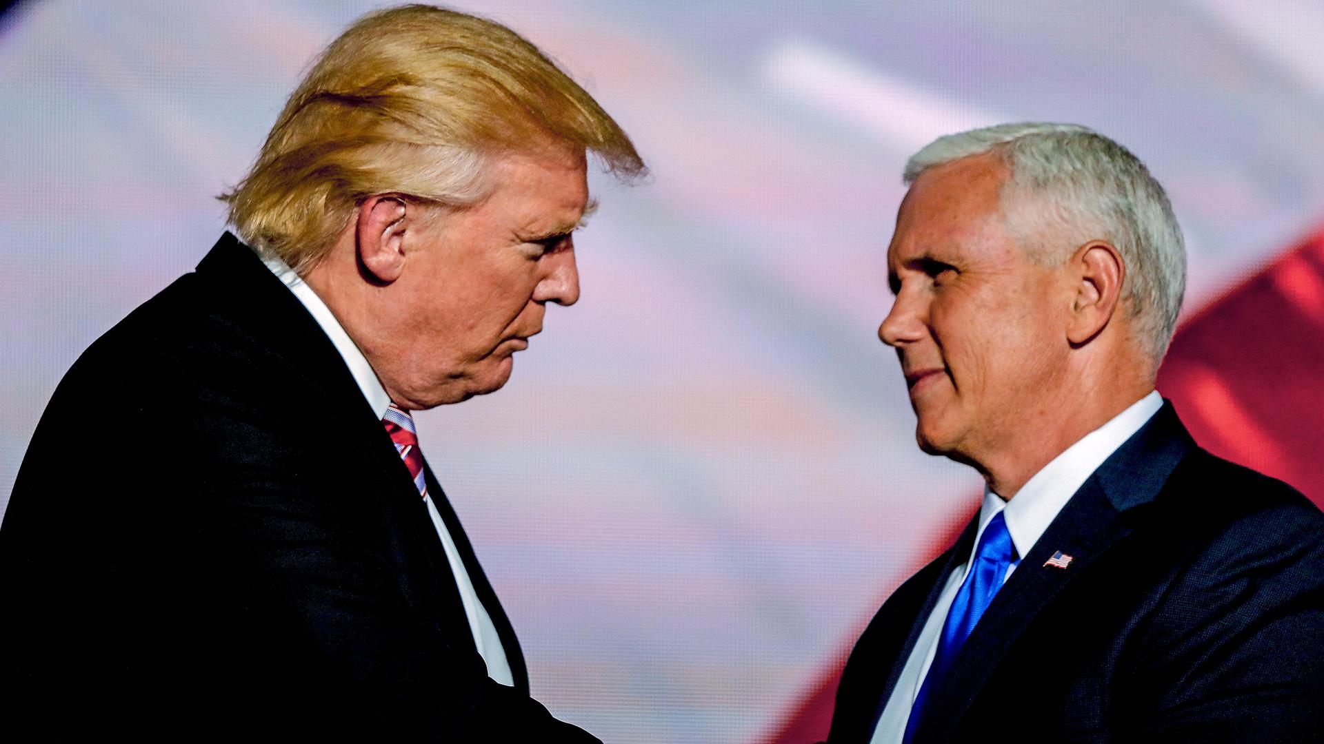 Pence, right, will be up against his former boss Donald Trump, left, in a crowded Republican field