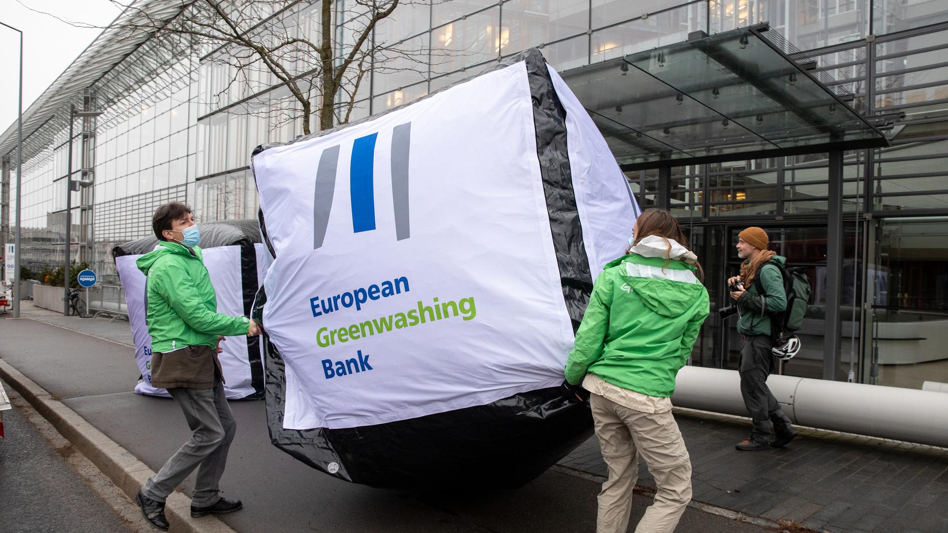 Greenpeace action staged at the European Investment Bank on Wednesday in Luxembourg to protest greenwashing