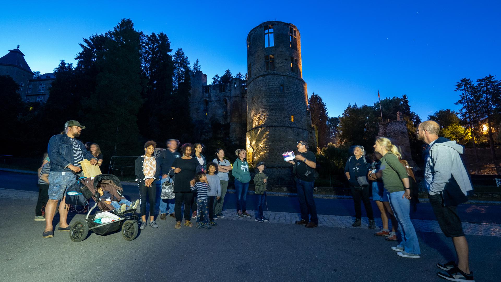 Nature enthusiasts gather around Jacques Pir in Beaufort, to spot bats at Luxembourg's "International Bat Night" in July.