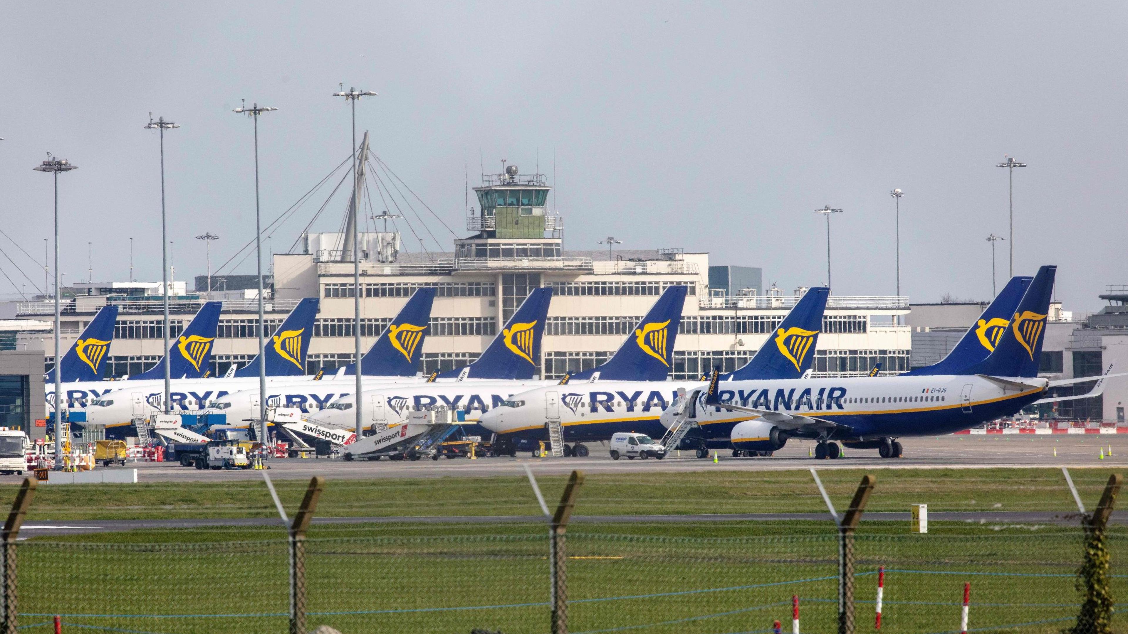 Ryanair passenger jets grounded at Dublin airport on 23 March. Photo: AFP