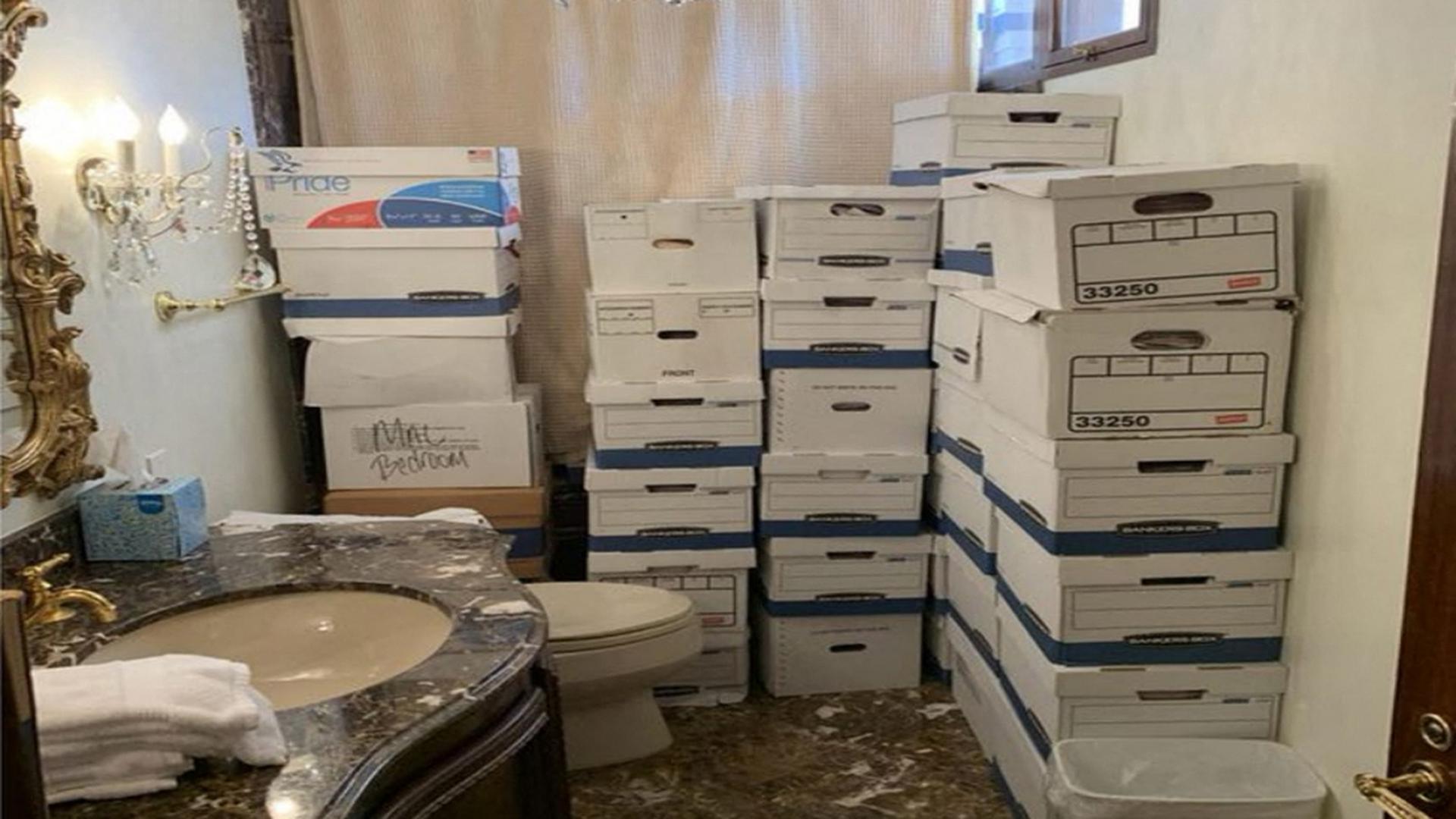 This undated image, released by the US District Court Southern District of Florida as evidence in the indictment, shows stacks of boxes in a bathroom and shower at the Lake Room at Mar-a-Lago, the former president's private club