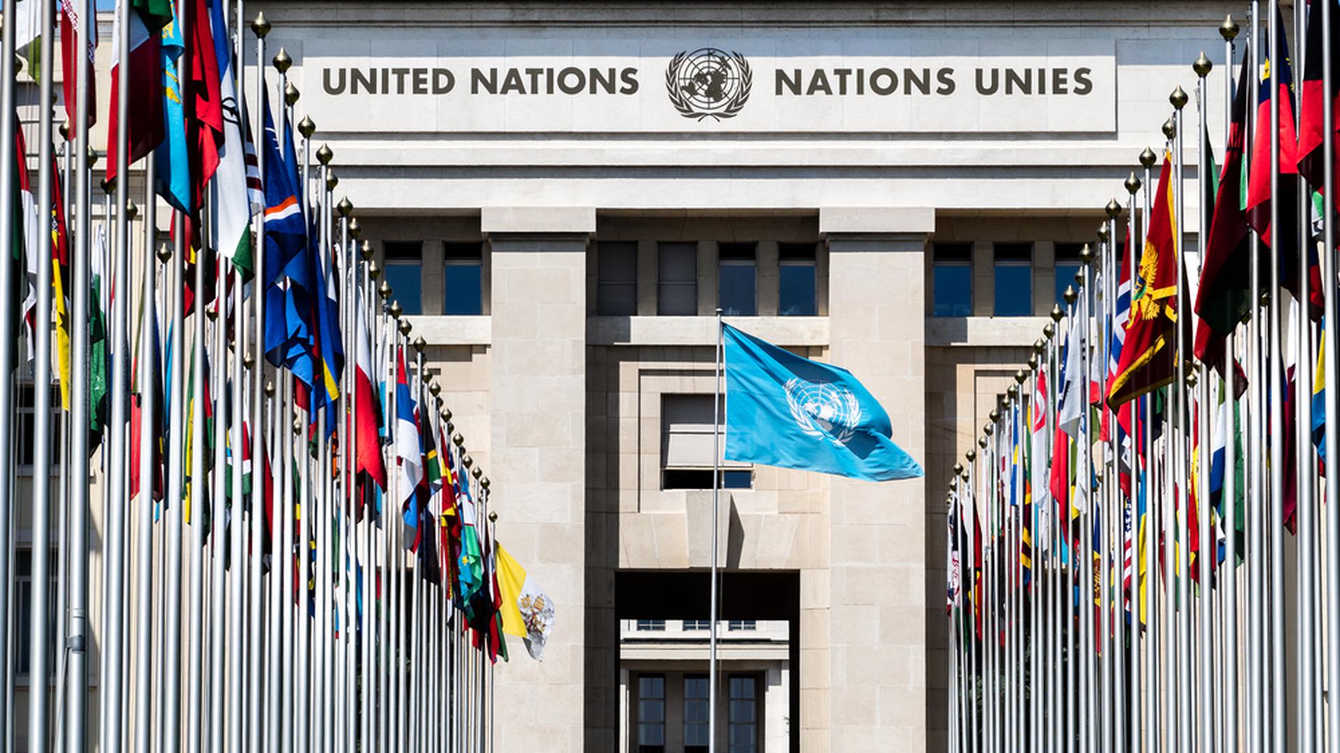 National flags line the entrance to the building in Geneva, Switzerland, that is home to the UN Human Rights Council.