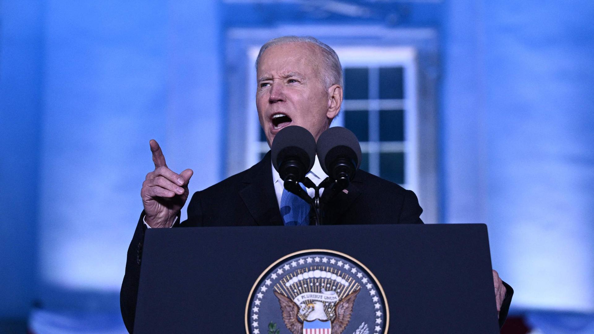 US President Joe Biden delivers a speech at the Royal Castle in Warsaw, Poland on Saturday